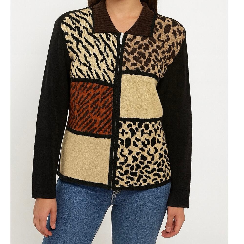 Vintage Erika &‎ Co Animal Print Safari Patchwork Zip Sweater Jacket Sz Medium